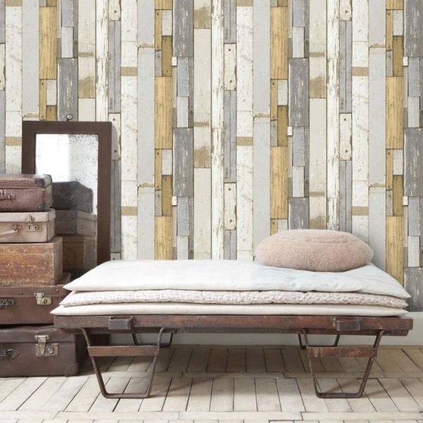 3333-36 | Grey and orange pallet wood wallpaper